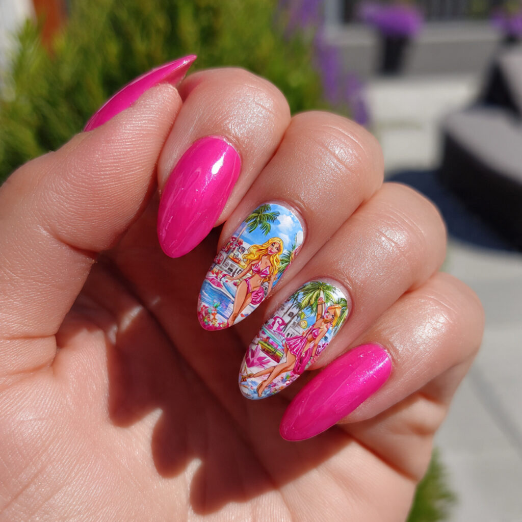 attractive hot pink gloss poolside barbie nails wi