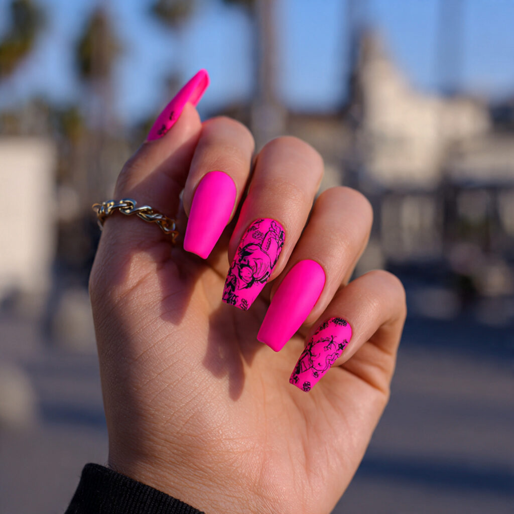 attractive hot pink main character nails with outd