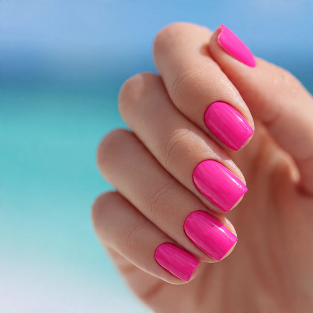 attractive hot pink nails outdoor summer backgroun