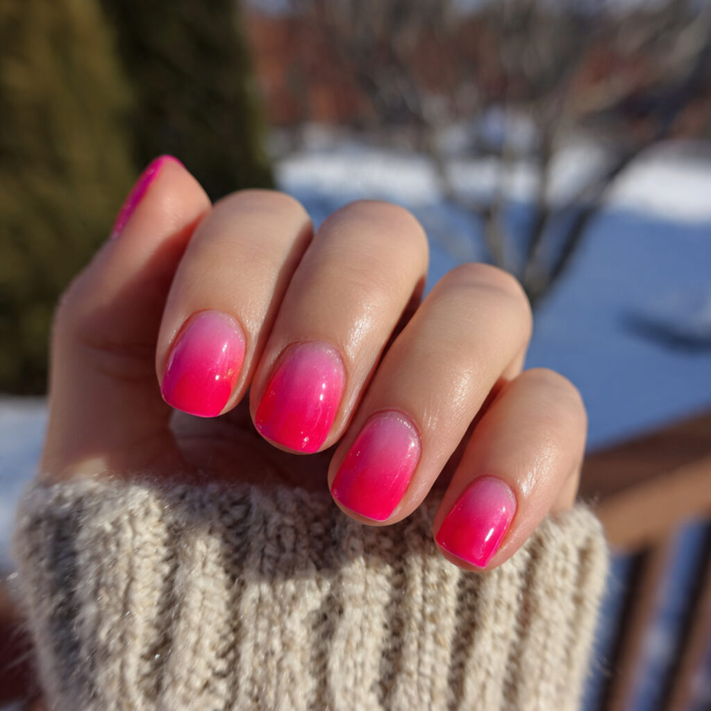 attractive hot pink ombre nails with outdoor backg