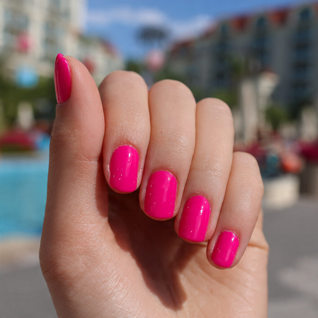 attractive hot pink short nails with outdoor summe