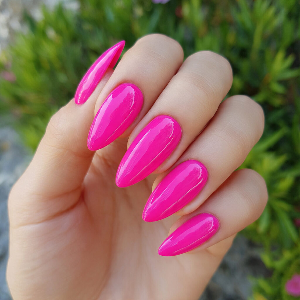 attractive hot pink stiletto nails with outdoor ba