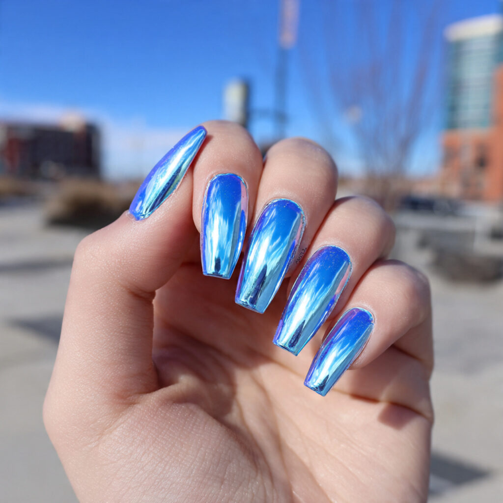 attractive icy blue chrome nails with outdoor back