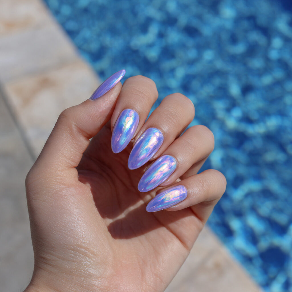 attractive icy lavender chrome nails with outdoor