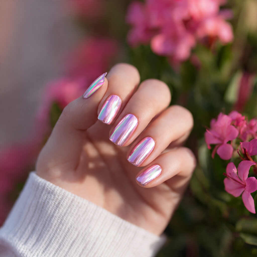attractive icy pink chrome square nails with outdo
