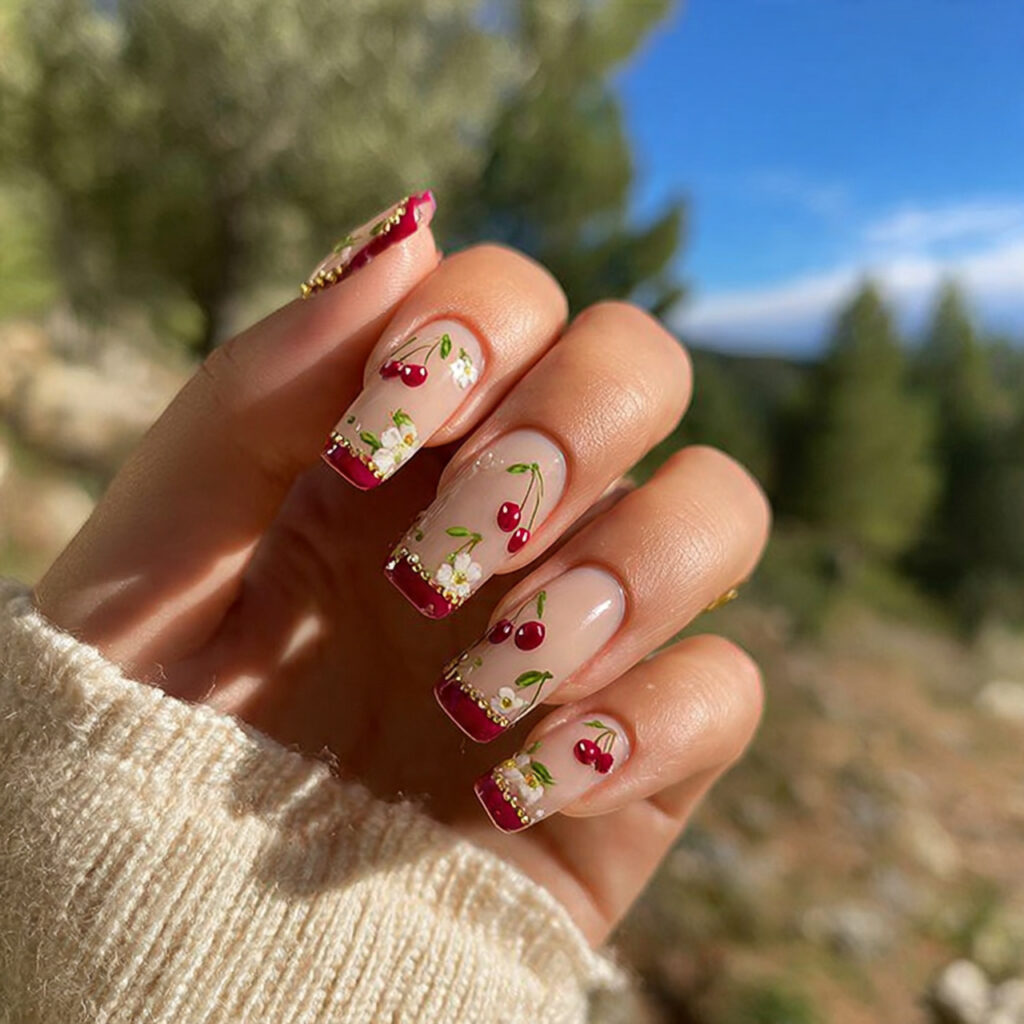 attractive jelly cherry nails with little cherry a