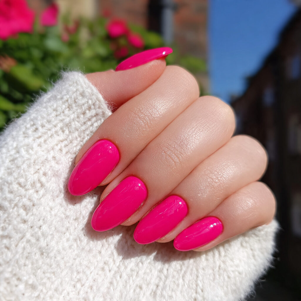 attractive jelly hot pink nails with outdoor summe