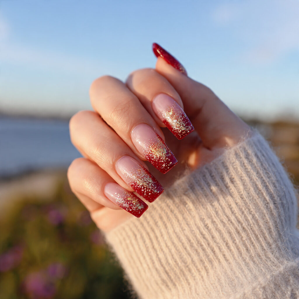 attractive jelly red with sugar glitter tips nails