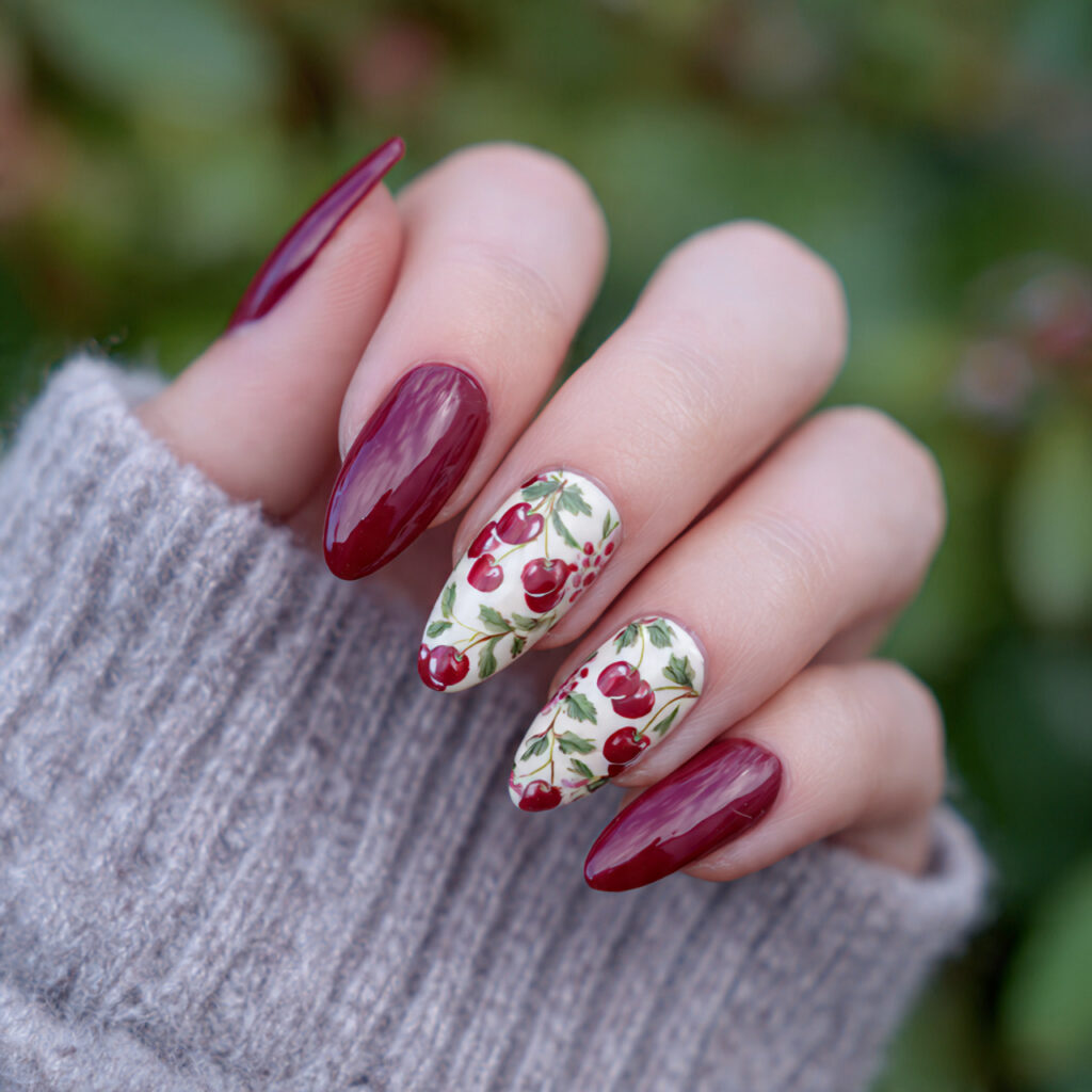 attractive juicy cherry almond nails with outdoor