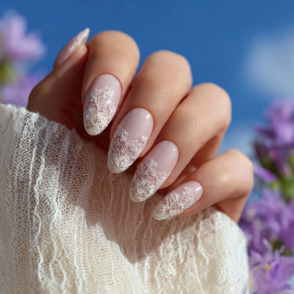 attractive lace detail almond nails with summer ou