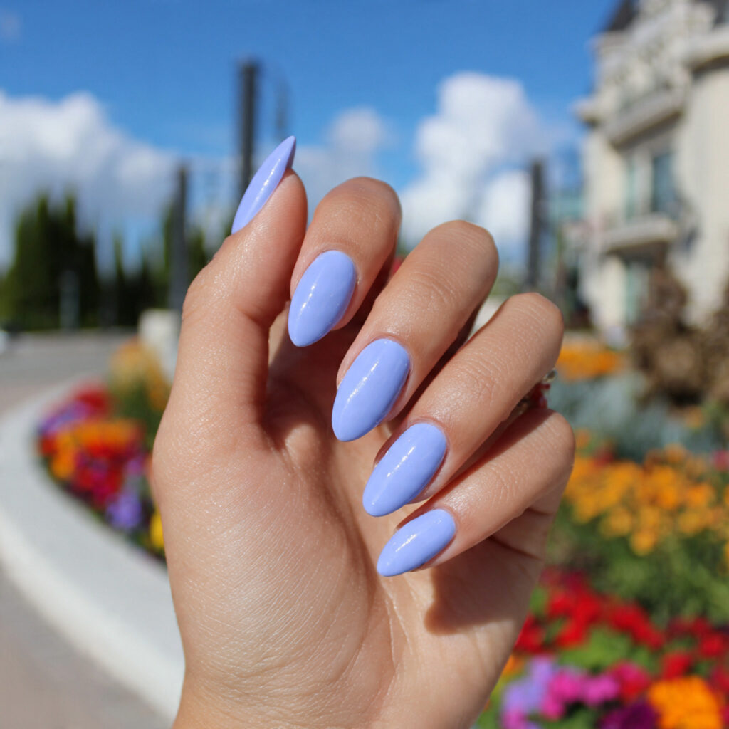 attractive lavender blue sorbet almond nails with
