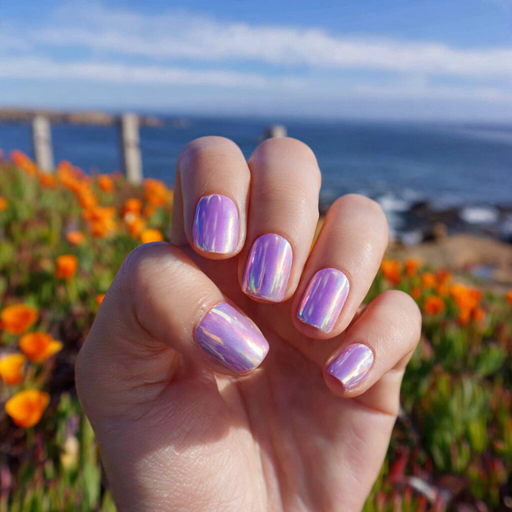 attractive lavender chrome short nails with outdoo
