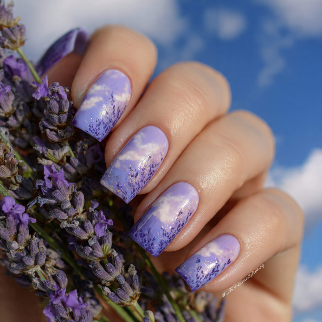 attractive lavender cloud nails with summer outdoo