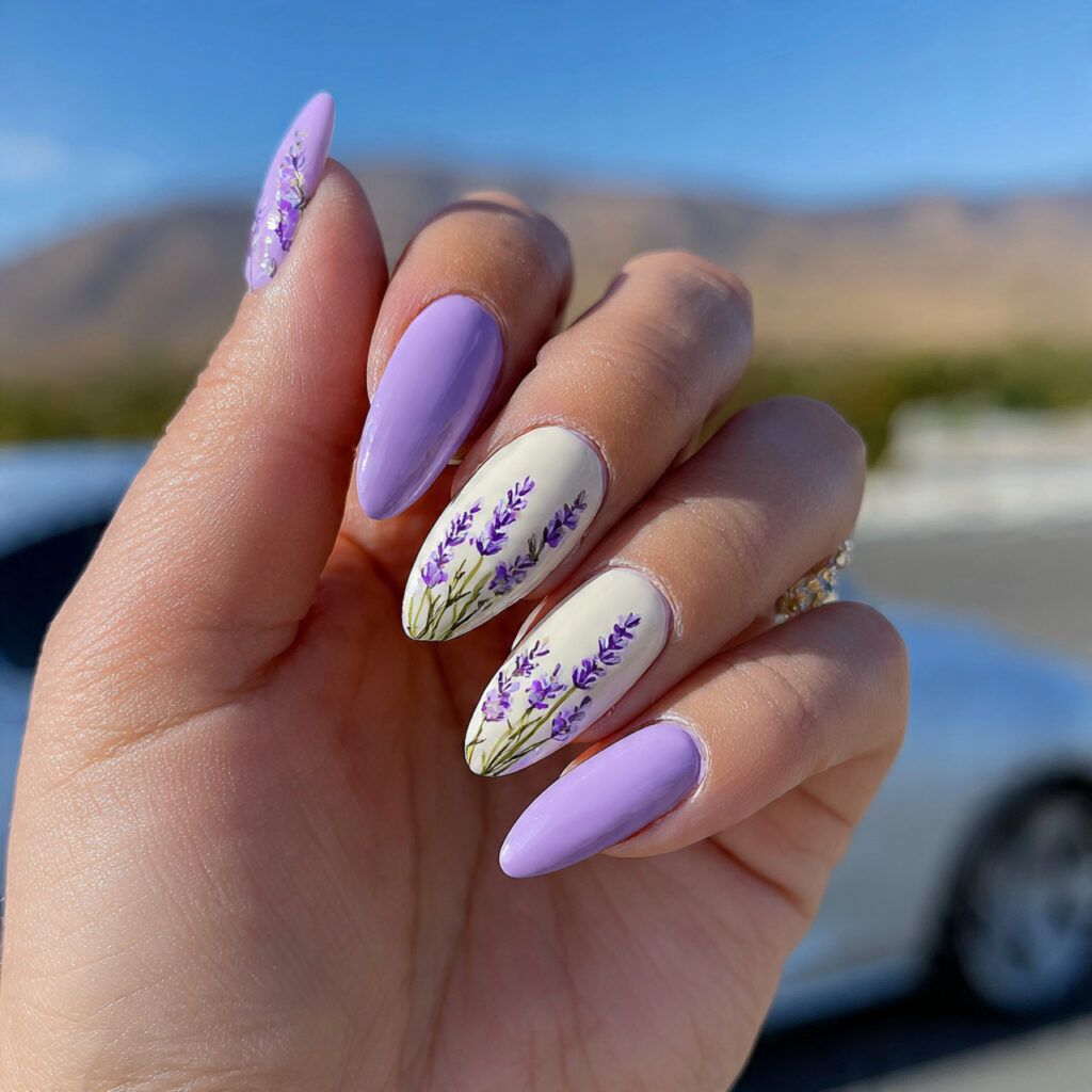 attractive lavender cream nails with outdoor backg