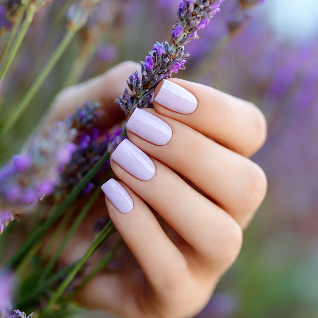 attractive lavender cream short nails with outdoor 1
