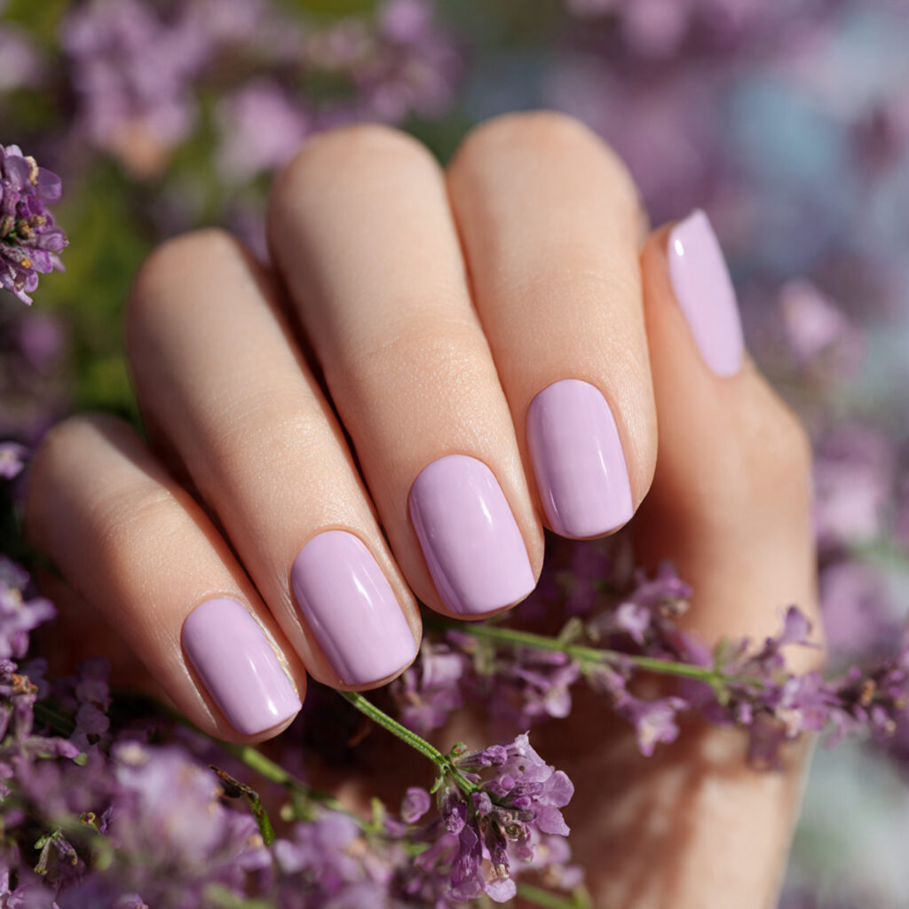 attractive lavender cream short nails with outdoor