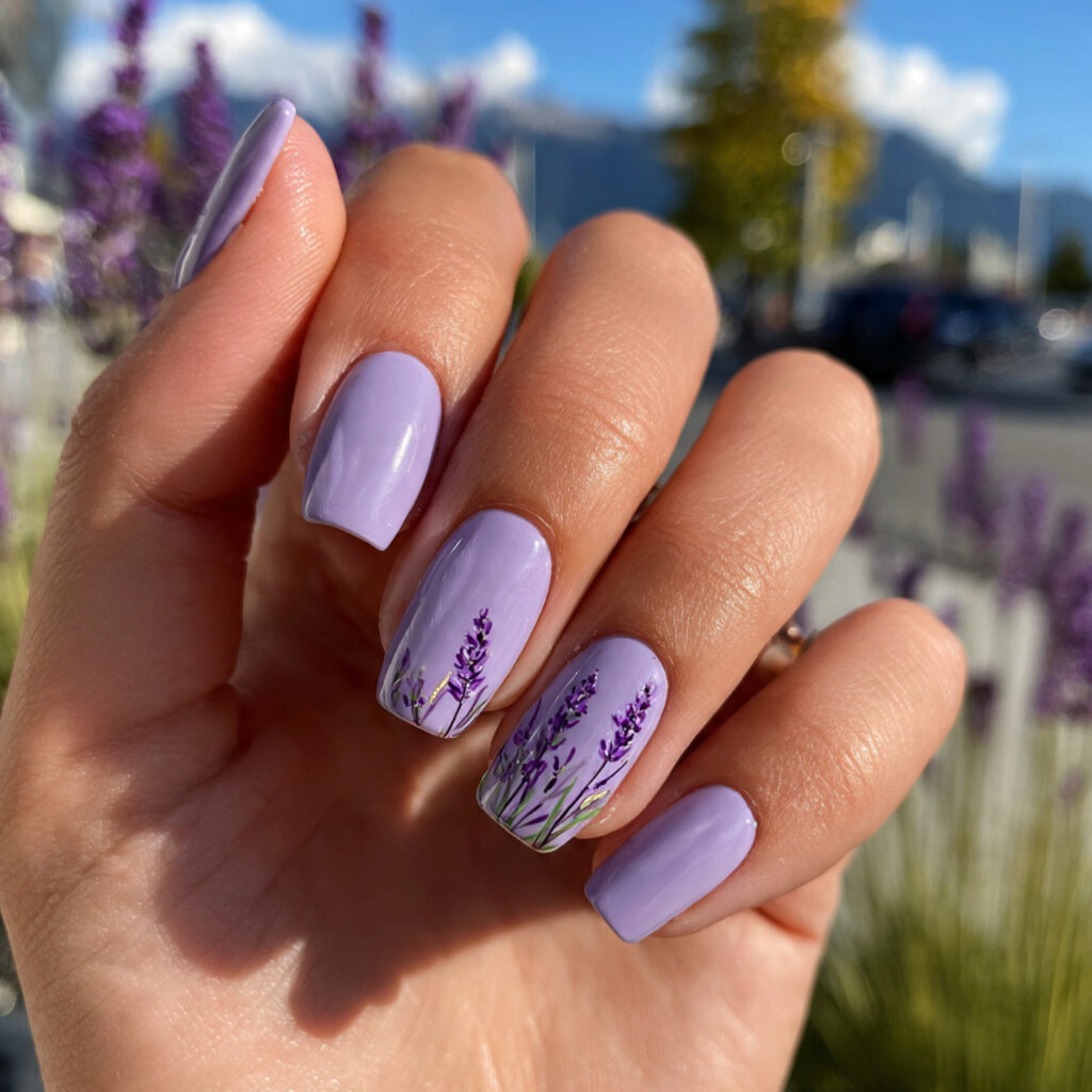 attractive lavender cream short nails with outdoor 2