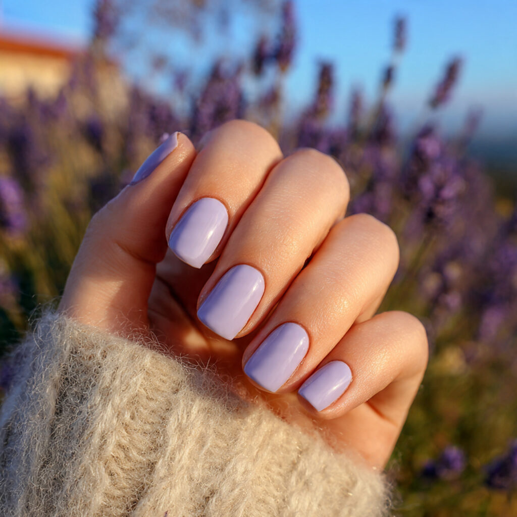 attractive lavender cream short nails with outdoor 3