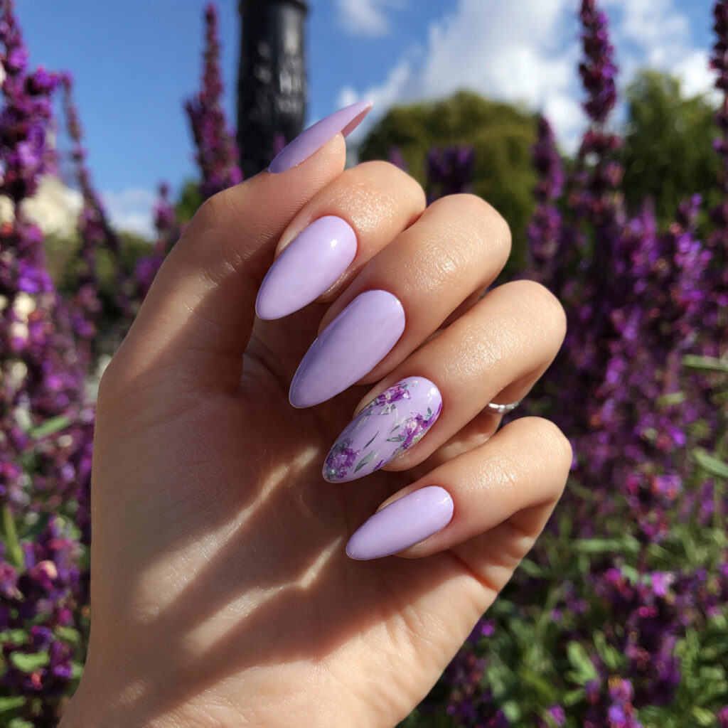 attractive lavender cream short stiletto nails wit