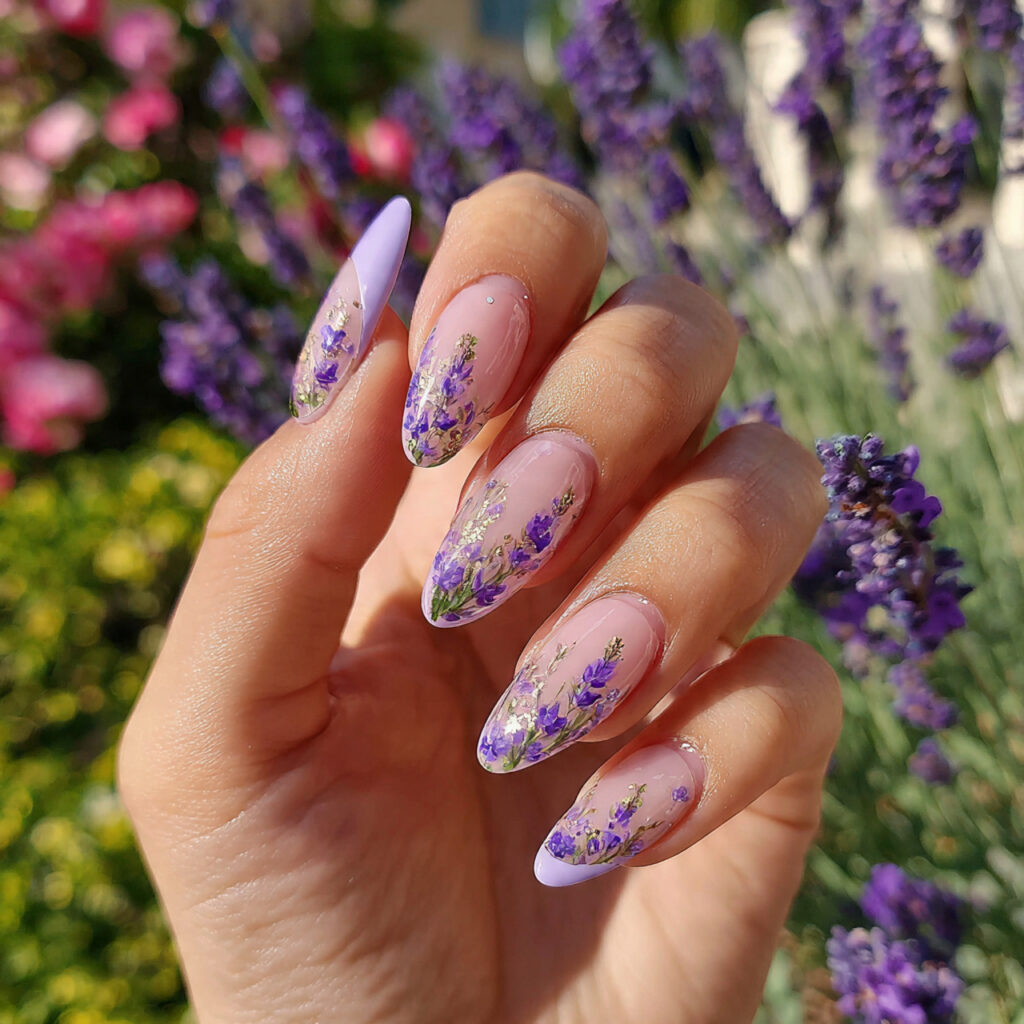 attractive lavender floral nails on a sheer base w 1