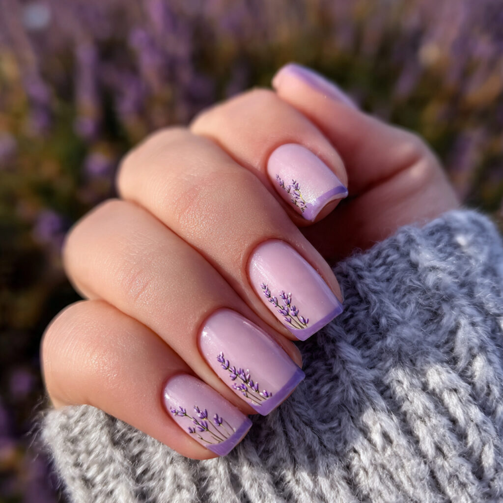 attractive lavender french short nails with outdoo 1