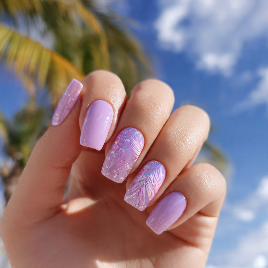 attractive lavender glow square nails with outdoor
