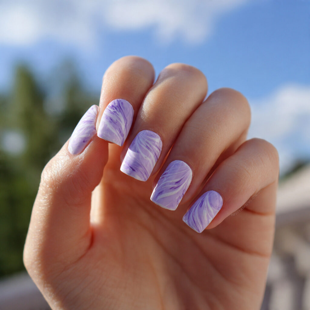 attractive lavender swirl nails with outdoor summe