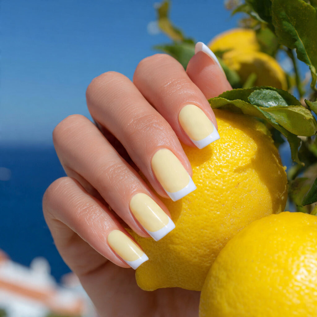 attractive lemon cream french tips with summer out