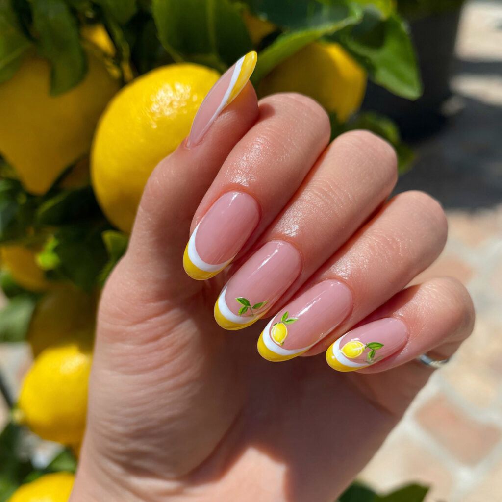 attractive lemon french tips with a leaf accent na