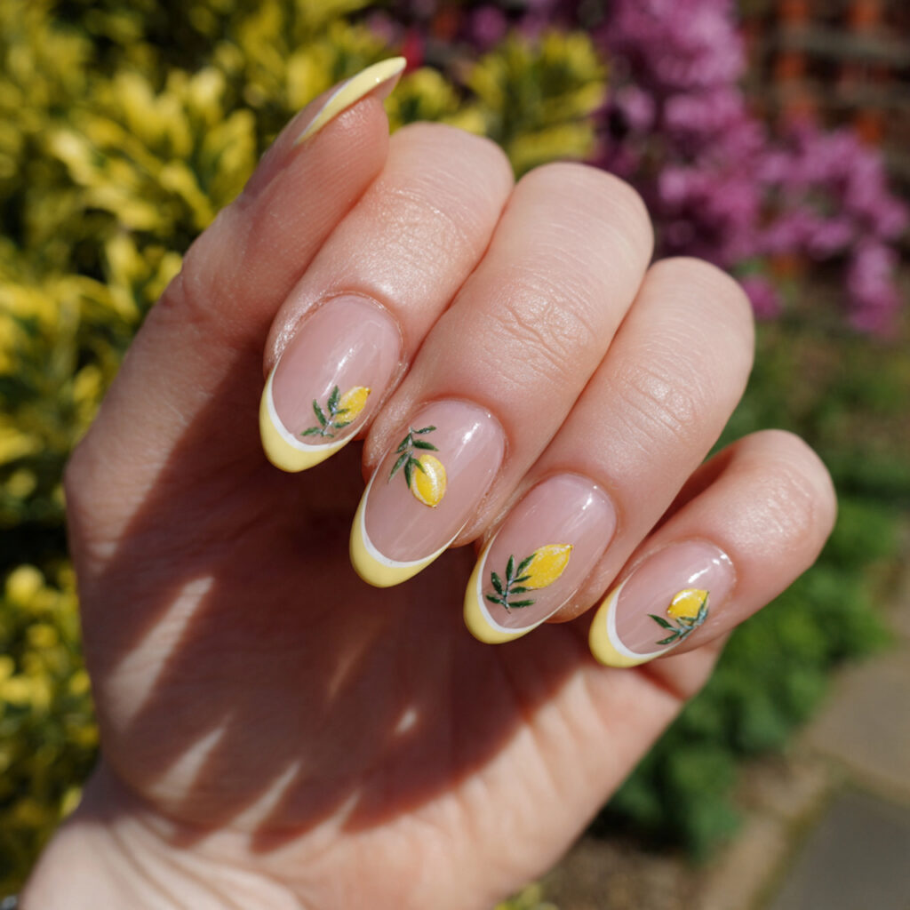 Summer Acrylic Nails: 14 Glossy, Vacation-Ready Designs You’ll Want to Screenshot 7 attractive lemon french tips with tiny leaf detail