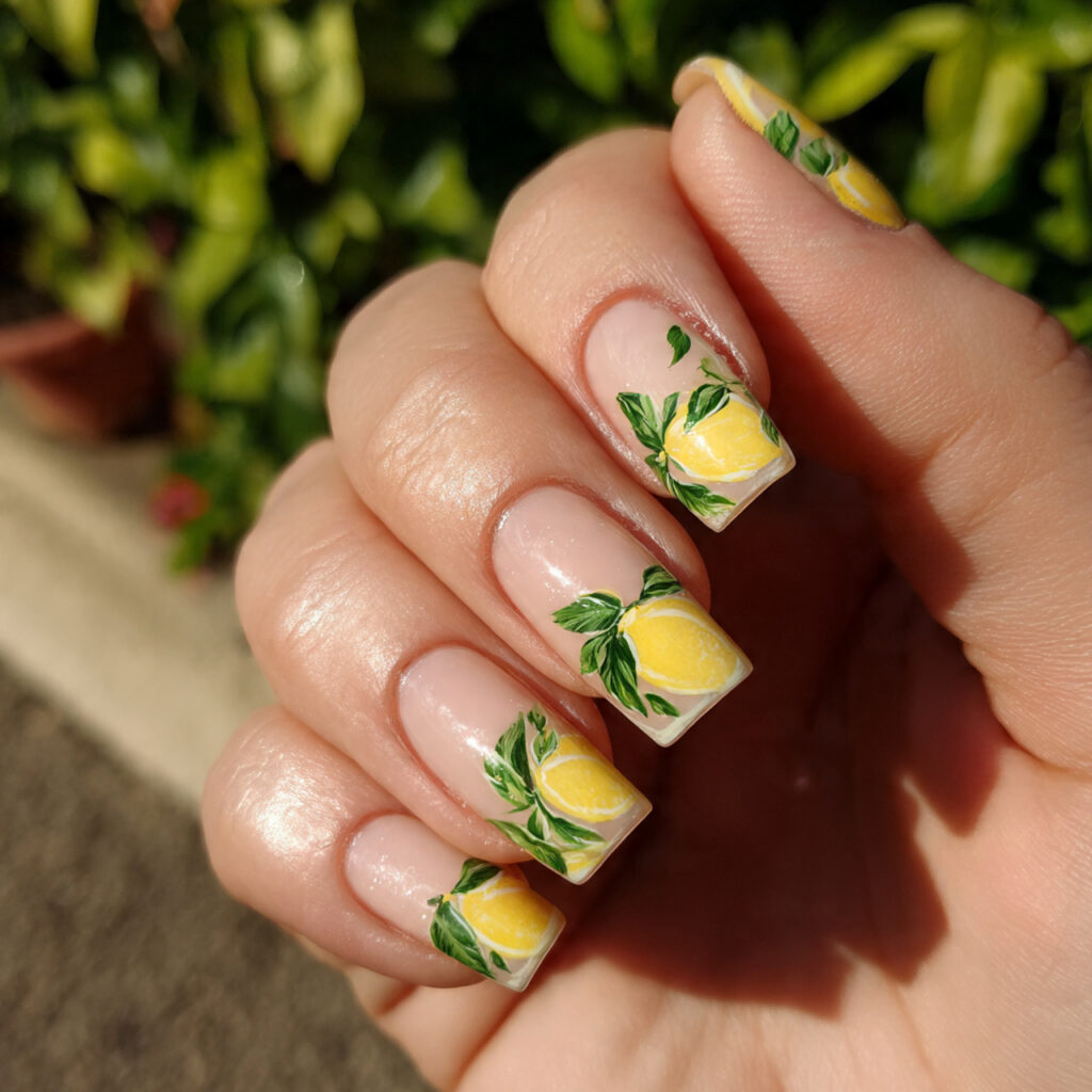 attractive lemon tips with green leaf detail nails