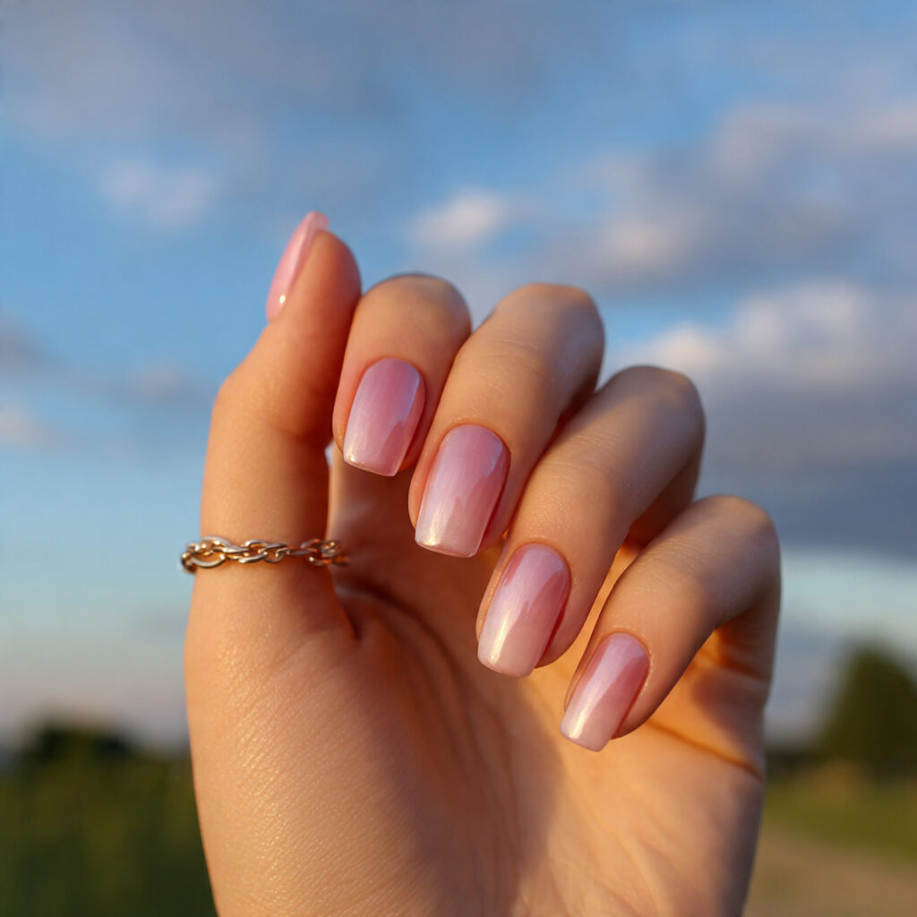 attractive light pink aura nails with outdoor summ