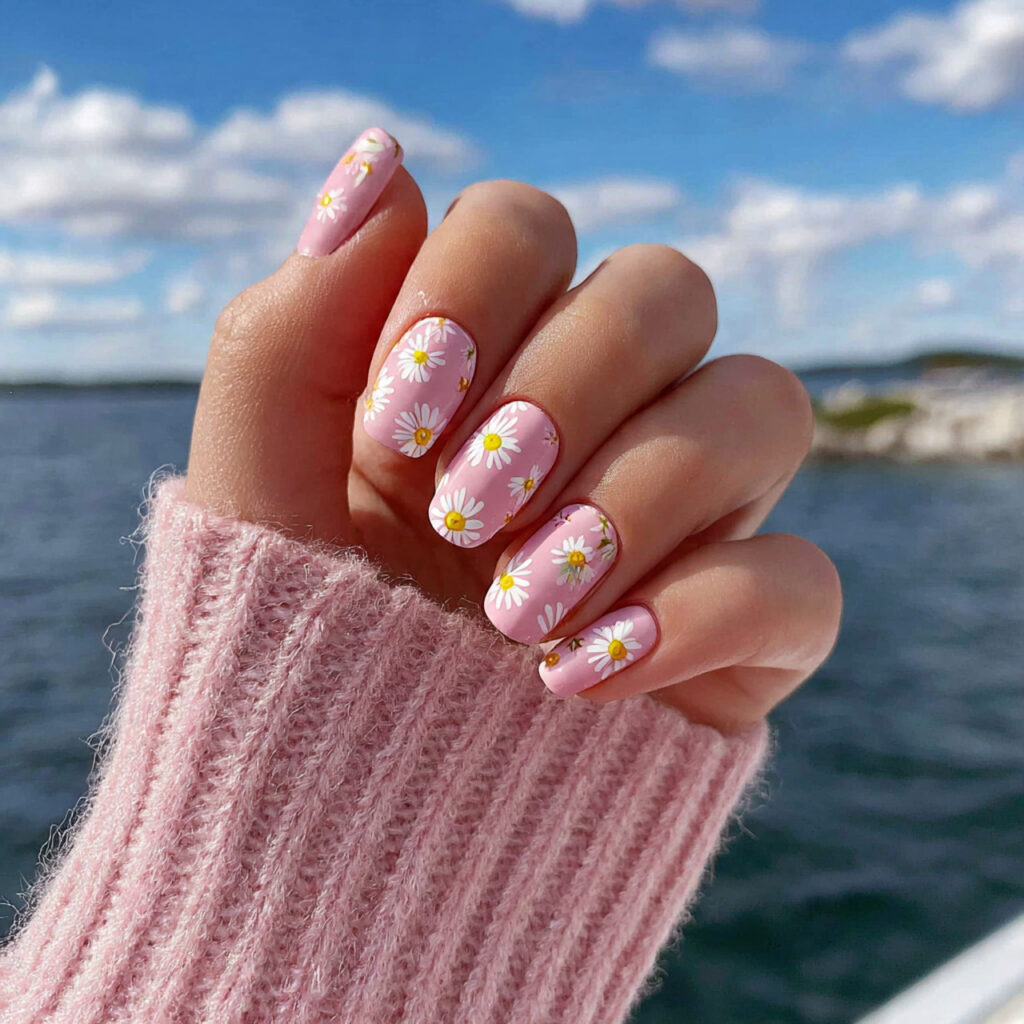 attractive light pink daisy nails with outdoor sum