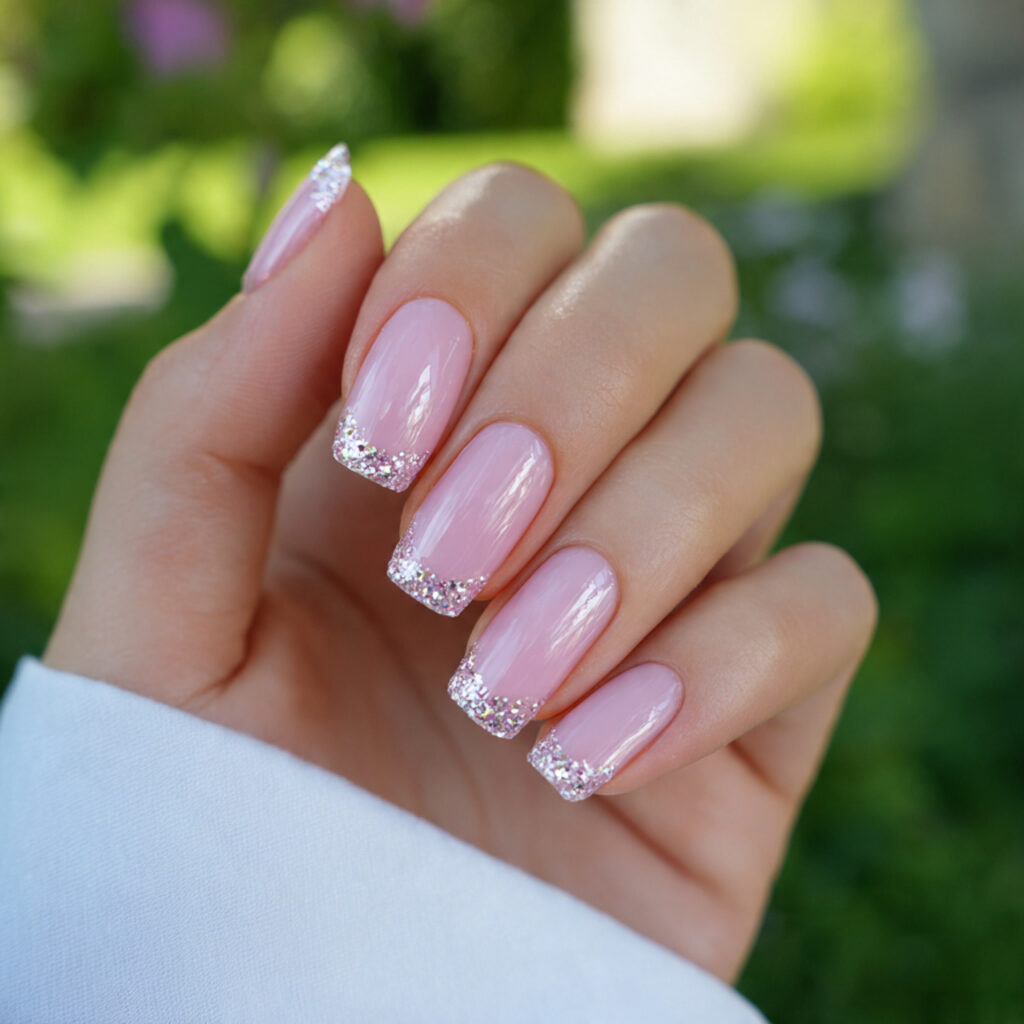 attractive light pink glitter french nails with ou