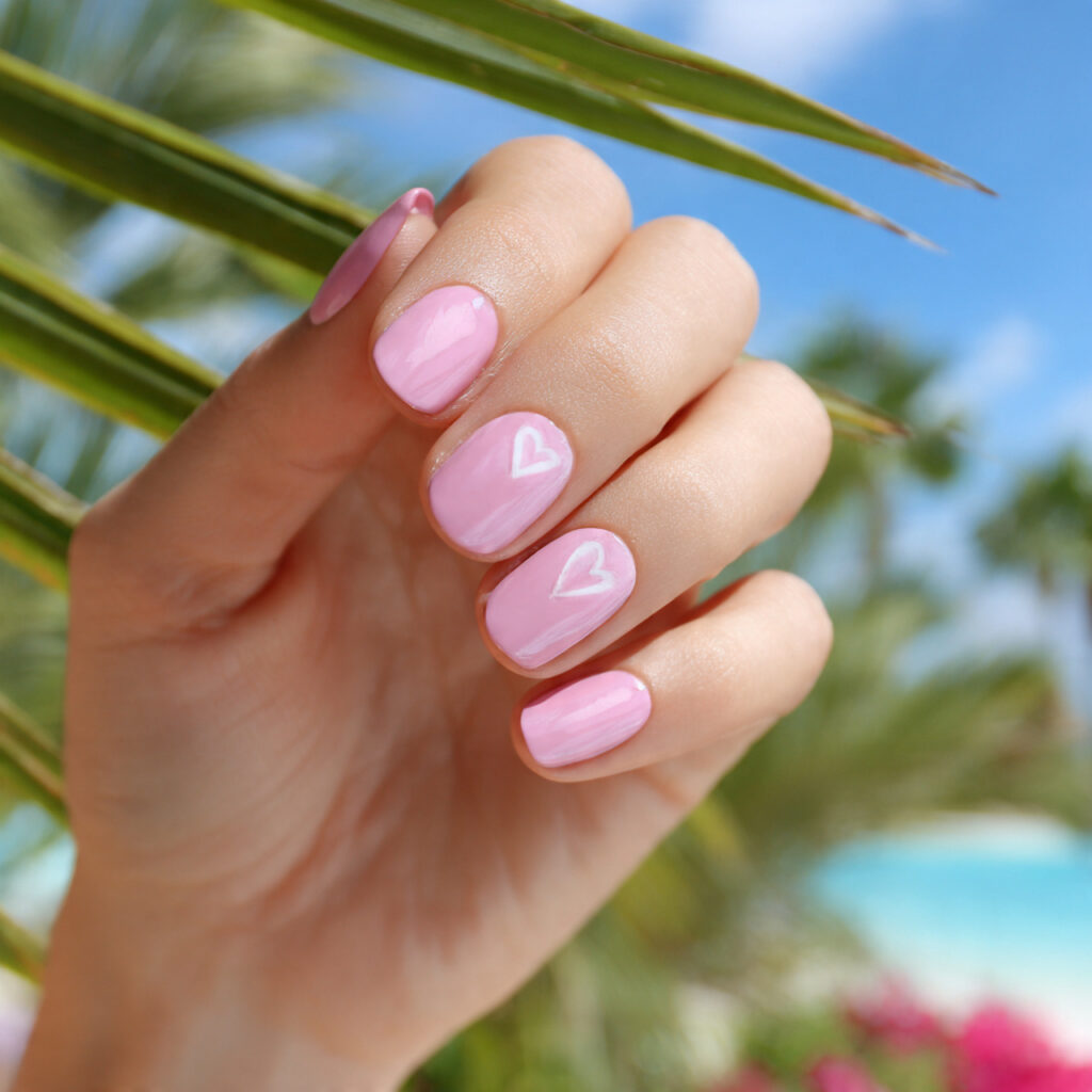attractive light pink heart nails with outdoor sum