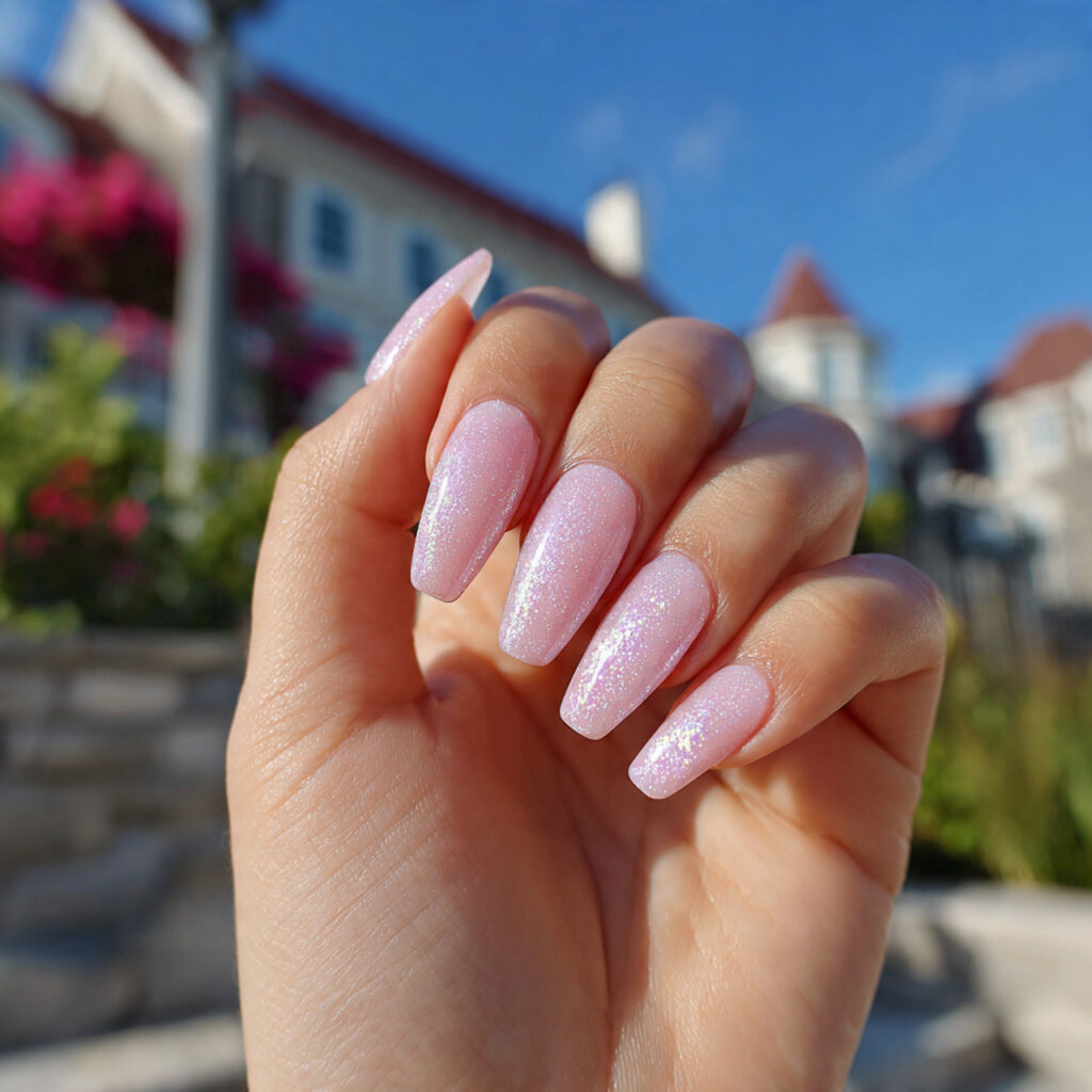 attractive light pink shimmer nails with outdoor s