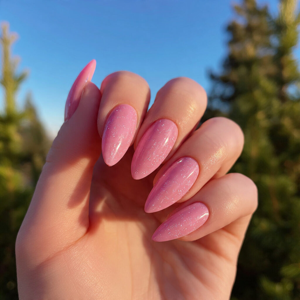 attractive lip gloss pink almond nails with outdoo