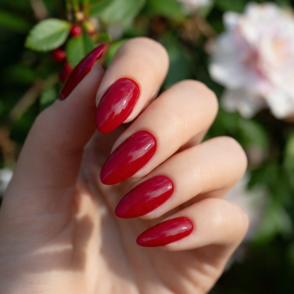 attractive long cherry red almond prom nails nails