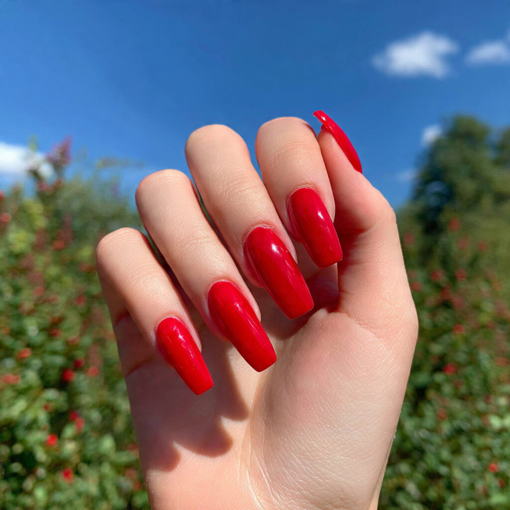 attractive long cherry red coffin acrylic nails wi