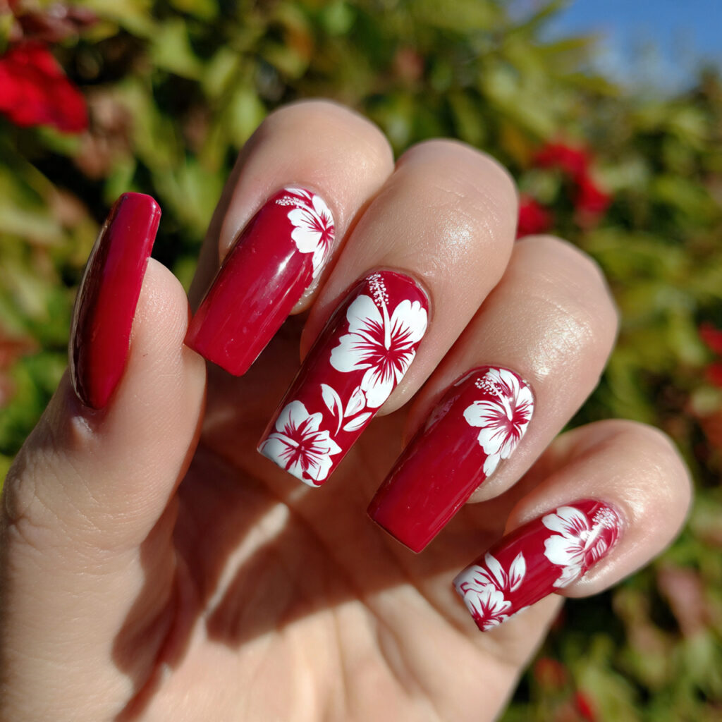 attractive long coffin red with white hibiscus flo