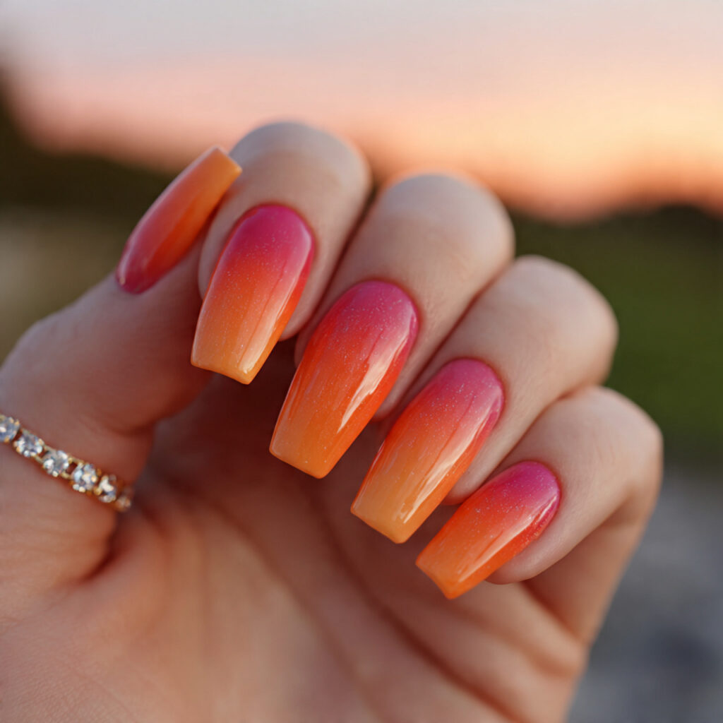 attractive long coffin sunset ombre nails in bold