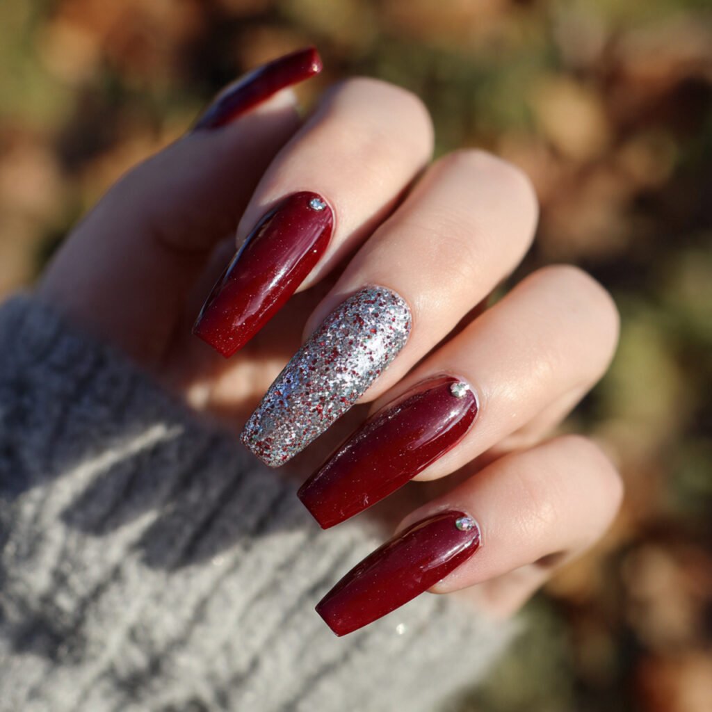 attractive long crimson coffin with silver glitter