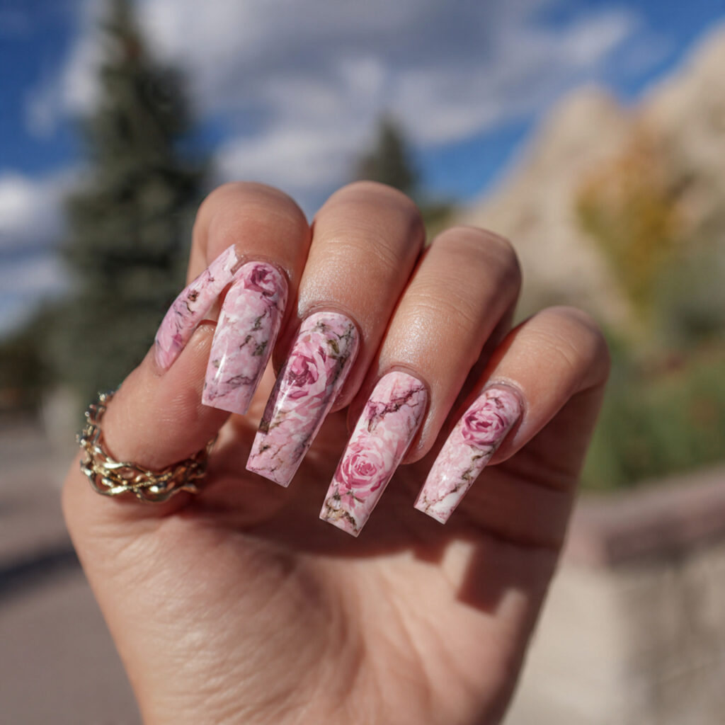 attractive marble rose long nails with outdoor sum