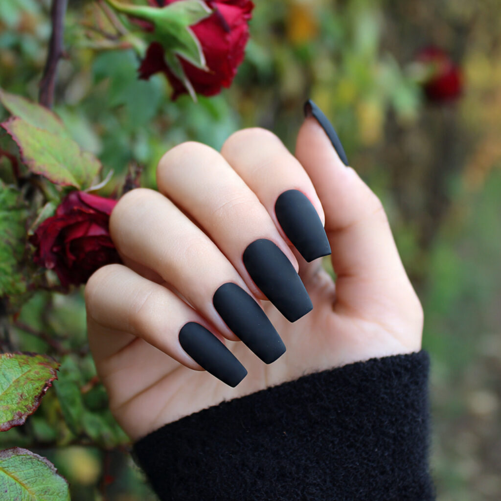 attractive matte black coffin acrylic nails with o