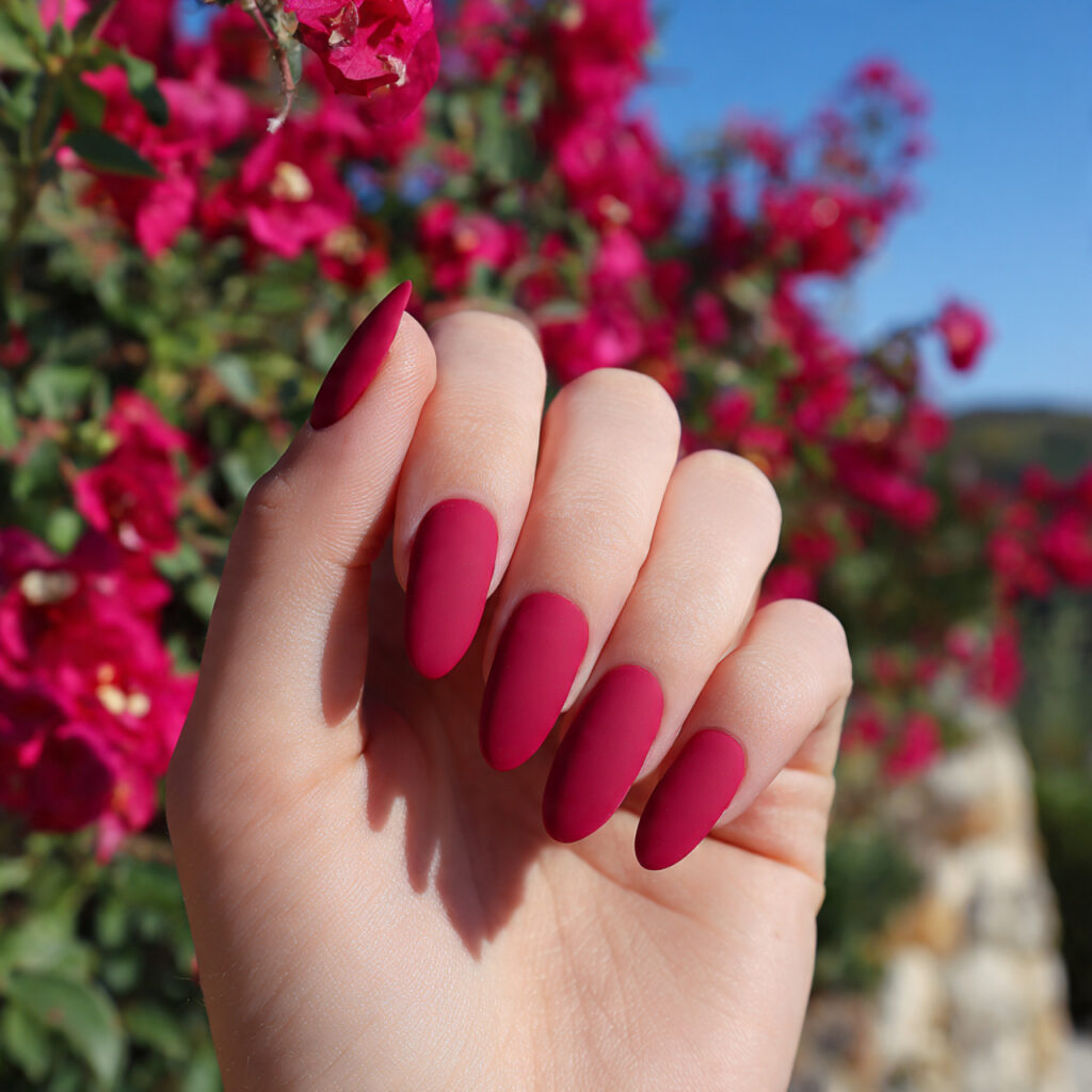 attractive matte crimson red acrylic nails with su