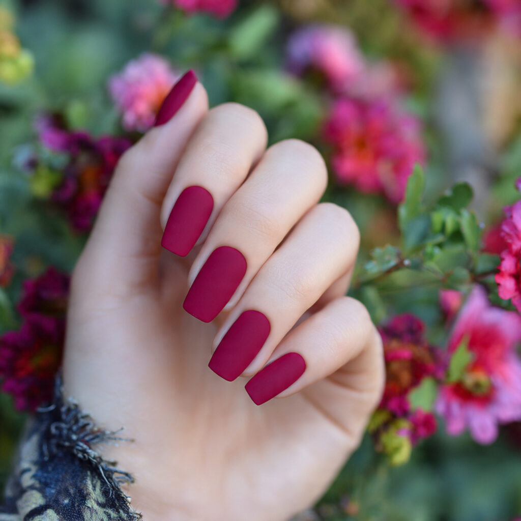 attractive matte crimson square nails with summer