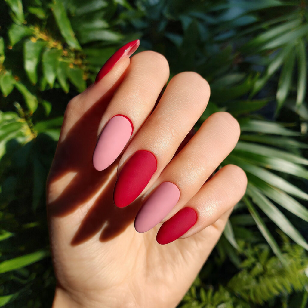 Pink and Red Nails: 15 Flirty, Bold & Pinterest-Perfect Designs You’ll Love 5 attractive matte pink with glossy red accent nails