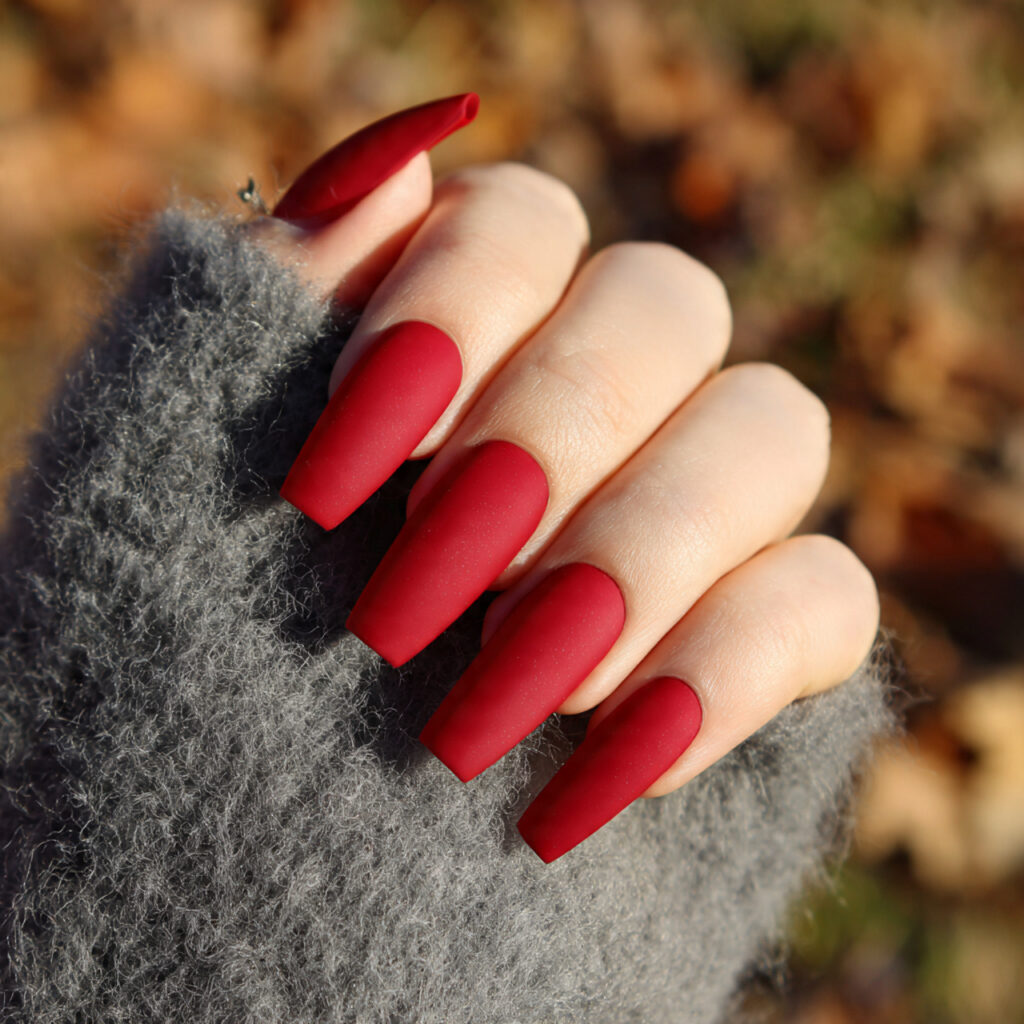 attractive matte red coffin with glossy tips nails