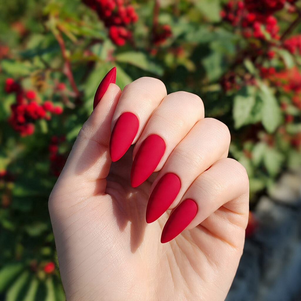 attractive matte red stiletto chic nails with summ