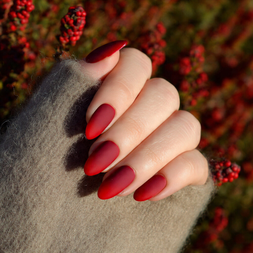 attractive matte red with glossy red tips nails wi